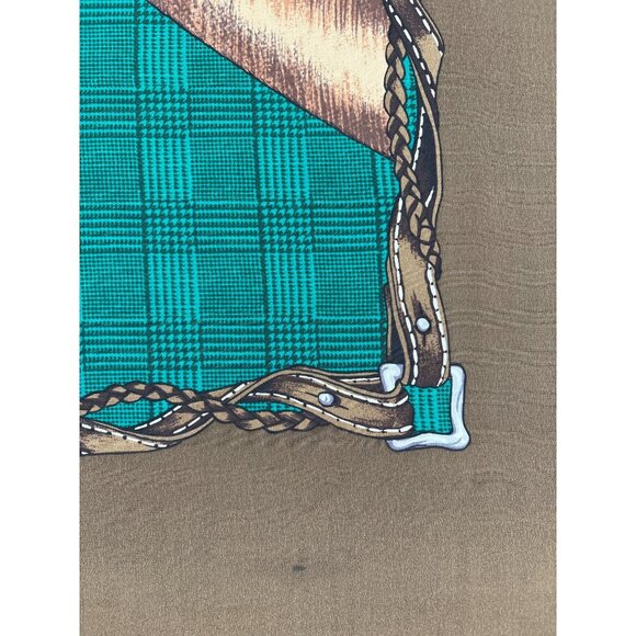 Vintage Horse Print Silk Scarf With Plaid & Leather-Like Bridle Design 34in Squa - Picture 3 of 5